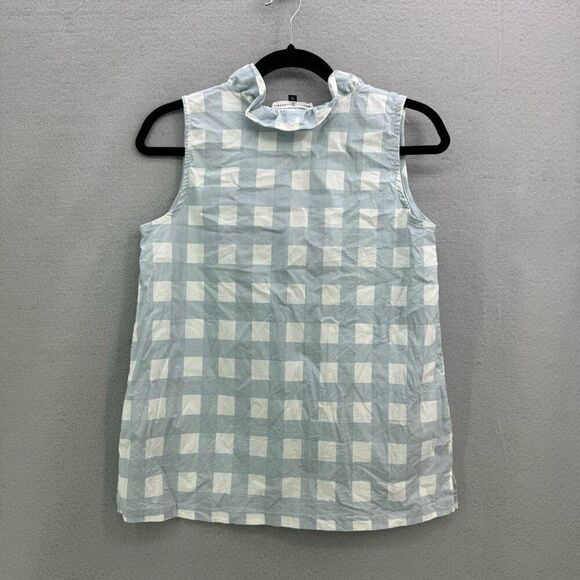 Michelle McDowell Women Blue White Check Pattern Ruffle Collar Top Medium - Picture 2 of 7